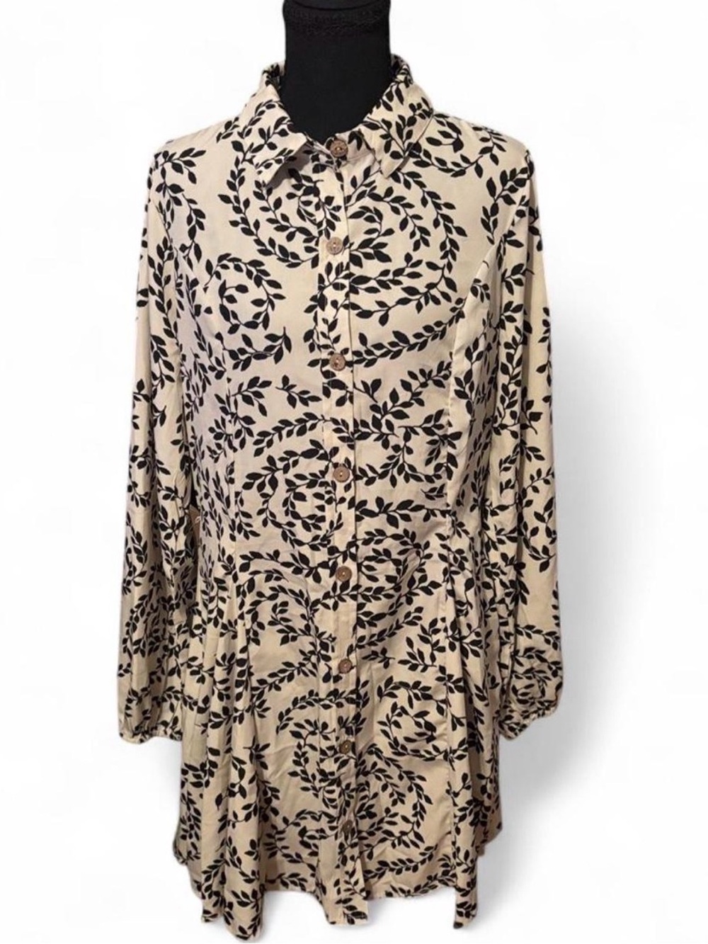 Mint of Blush Beige Dress with Black Leaf Swirl Print XL